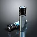 Silver Cylindrical Batteries With Black Labels Standing And Lying On Reflective Surface 3d model