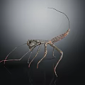Metallic Mantis Sculpture With Long Legs And Antennae On Dark Background