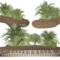 Modern Wooden Landscape Seats With Curved Design And Lush Green Plants