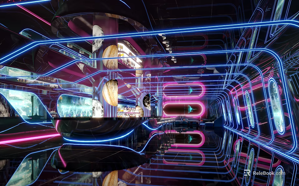 Futuristic Cyberpunk Bar With Neon Lights Interior 3d model 