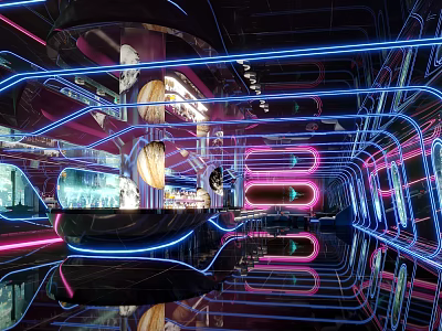 Futuristic Cyberpunk Bar With Neon Lights Interior 3d model