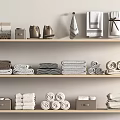 Neat Bathroom Accessories Shelf Display With Towels Storage Boxes And Folded Linens