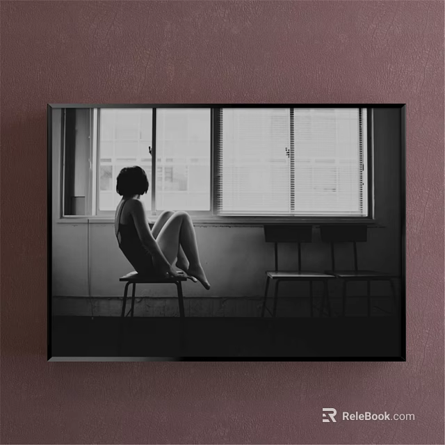 Black and White Female Figure Painting Sitting on Chair by Window With Blinds 3d model 