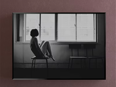 Black and White Female Figure Painting Sitting on Chair by Window With Blinds 3d model