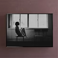 Black and White Female Figure Painting Sitting on Chair by Window With Blinds