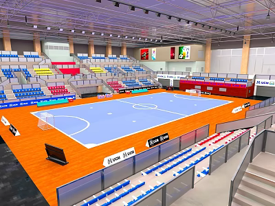 Modern Indoor Sports Arena Featuring Handball Court Colored Seats And Wooden Flooring 3d model
