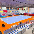 Modern Indoor Sports Arena Featuring Handball Court Colored Seats And Wooden Flooring