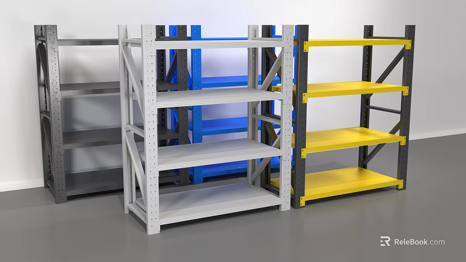 Colorful Industrial Storage Shelves Gray Blue And Yellow With Multiple Layers Metal Frames 3d model 