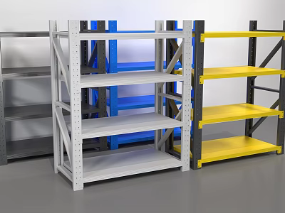 Colorful Industrial Storage Shelves Gray Blue And Yellow With Multiple Layers Metal Frames 3d model