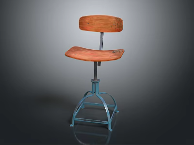 Simple Design Wooden Stool With Blue Metal Frame Adjustable Height And Backrest 3d model