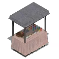 Gray Canopy Display Shelf With Pink Tablecloth And Colorful Items Tray Tools