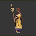 Wizard Character in Ornate Colorful Robes Holding Magical Staff on Blue Base