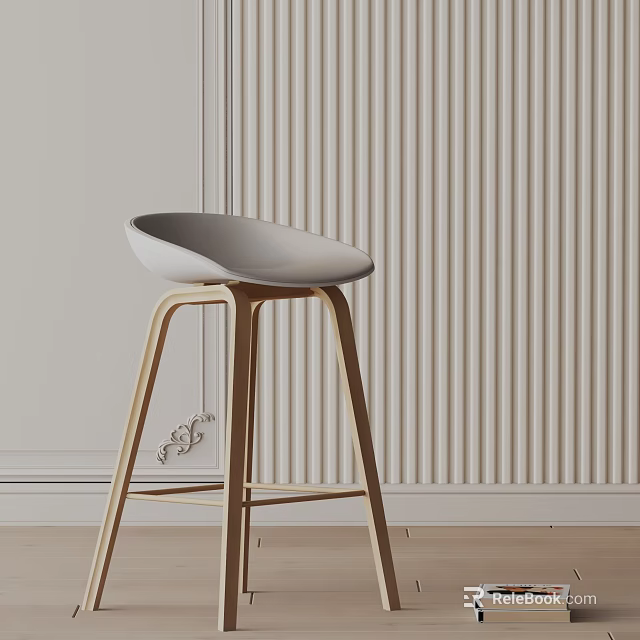 Minimalist Bar Stool With Light Grey Seat And Wooden Legs Against Striped Wall 3d model