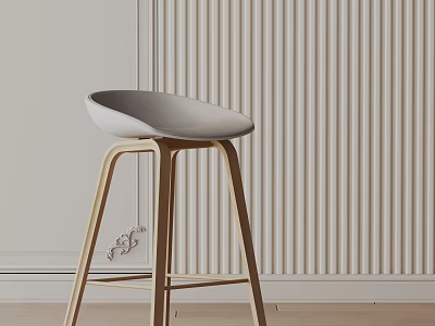 Minimalist Bar Stool With Light Grey Seat And Wooden Legs Against Striped Wall 3d model