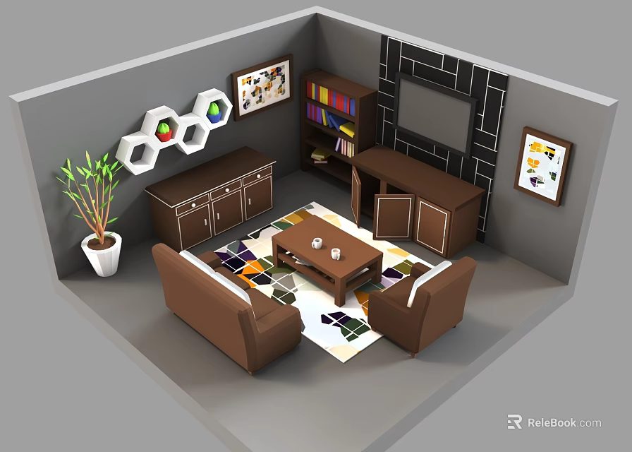 Cozy Living Room Interior With Brown Sofas Colorful Geometric Rug Coffee Table Bookshelf Decorative Paintings 3d model 