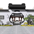 Chinese Style Scenic Wall With Tile Roof Circular Doorway Lattice Windows And Pavilion View