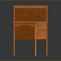 Orange Wooden Writing Desk With Open Top Shelves And Drawers