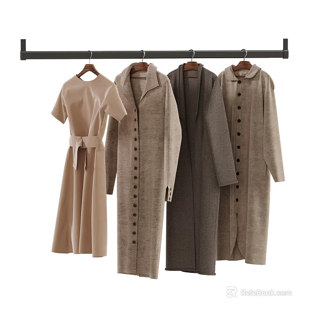 Stylish Beige Gray Hanging Clothes With Long Coats And Dress On Rod 3d model 
