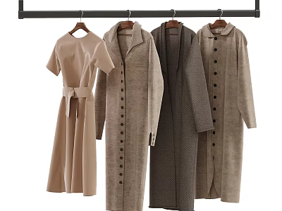 Stylish Beige Gray Hanging Clothes With Long Coats And Dress On Rod 3d model