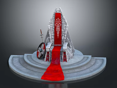 Ornate Stone Throne With Red Carpet Sword And Shield On Circular Steps 3d model