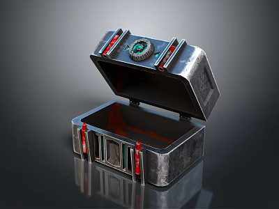 Sturdy Metal Storage Box With Silver Exterior Red Accents Open Lid And Red Lined Interior 3d model