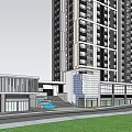 Modern High Rise Building Architectural Design With Surrounding Low Rise Structures And Green Area
