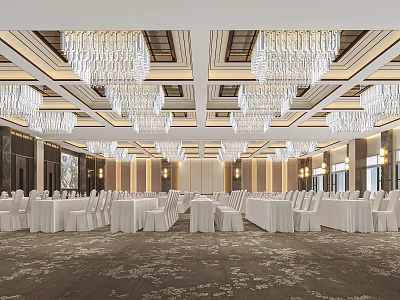 Luxury Spacious Conference Room With Elegant Crystal Chandeliers And Neat Formal Banquet Seating Layout 3d model