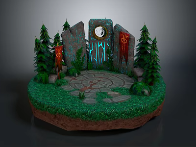 Mystical Stone Platform With Glowing Symbols Pine Trees And Red Inscriptions 3d model