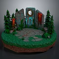 Mystical Stone Platform With Glowing Symbols Pine Trees And Red Inscriptions