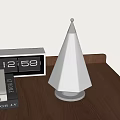 Cone Shaped Table Lamp With White Lampshade Silver Base On Wooden Desktop And Digital Clock