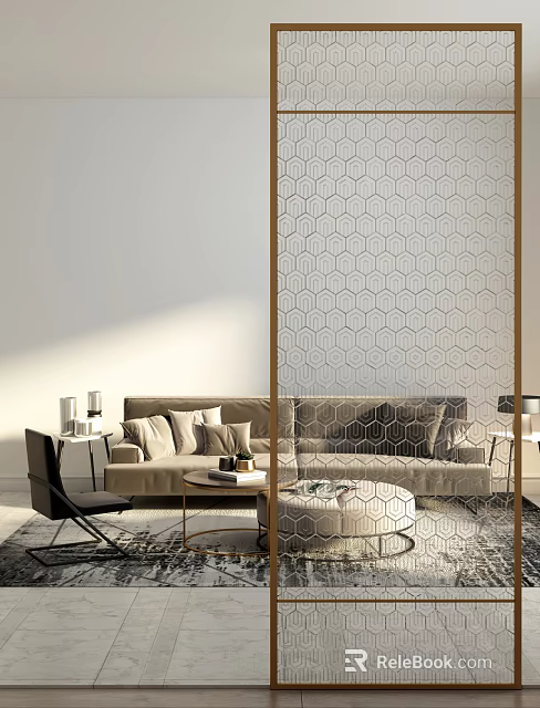 Modern Sofa Coffee Table Set With Plush Pillows Hexagonal Screen And Area Rug 3d model 