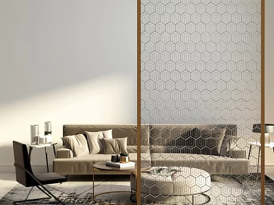 Modern Sofa Coffee Table Set With Plush Pillows Hexagonal Screen And Area Rug 3d model