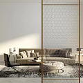 Modern Sofa Coffee Table Set With Plush Pillows Hexagonal Screen And Area Rug