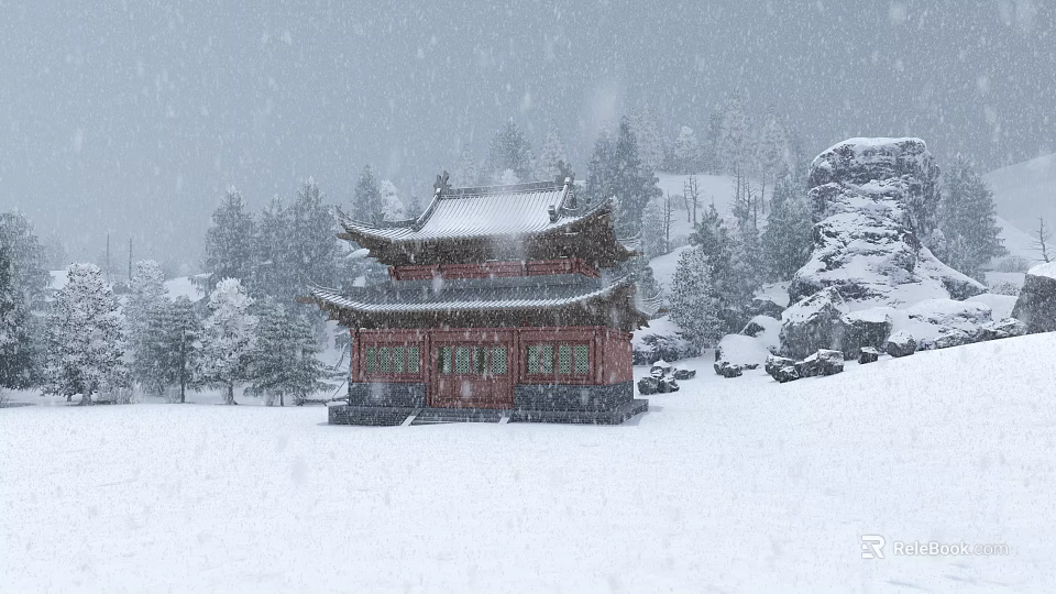 Ancient Red Architecture Standing in Snowy Landscape with Trees and Rocks 3d model 