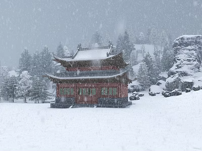 Ancient Red Architecture Standing in Snowy Landscape with Trees and Rocks 3d model