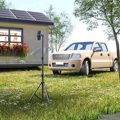 Pickup Truck Parked Near Solar Powered Home On Lawn 3d model