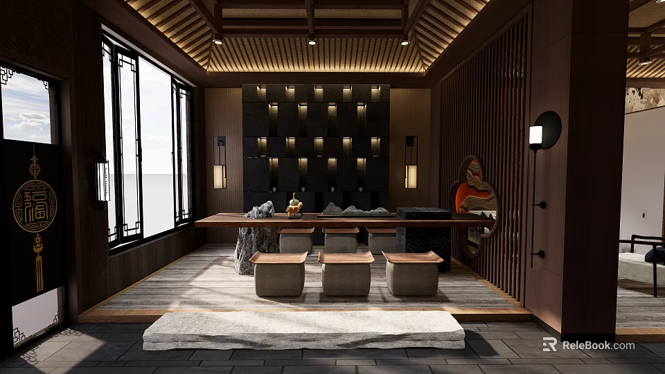 Traditional Oriental Clubhouse Interior With Wooden Ceiling Long Table Stone Stools And Wall Lights 3d model 