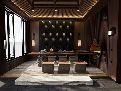 Traditional Oriental Clubhouse Interior With Wooden Ceiling Long Table Stone Stools And Wall Lights 3d model