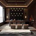 Traditional Oriental Clubhouse Interior With Wooden Ceiling Long Table Stone Stools And Wall Lights
