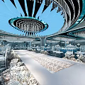 Grand Banquet Hall Interior Design With Fan shaped Ceiling Crystal Chandeliers And Central Aisle