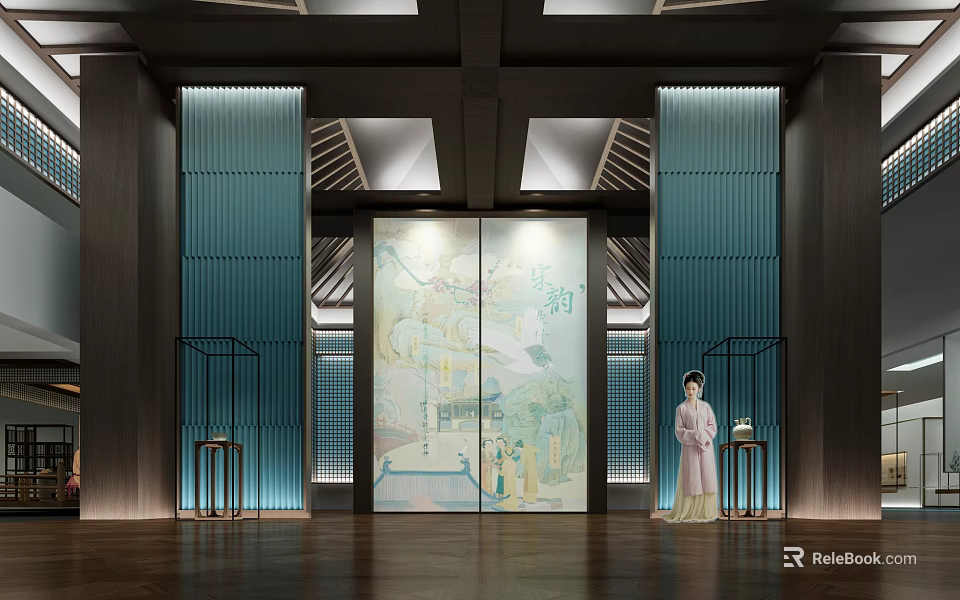 Chinese Traditional Interior With Decorative Screen Traditional Painting And Figure Statue 3d model 
