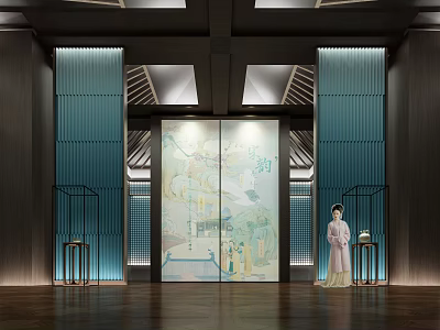 Chinese Traditional Interior With Decorative Screen Traditional Painting And Figure Statue 3d model