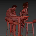 Two People At Dining Table With Wine Glass Bottle And Bar Stools 3d model