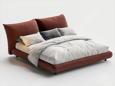 Modern Double Bed With Brown Headboard Frame White Mattress Bedding And Various Colored Pillows 3d model