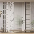 Modern Room Partition With Lattice Marble Texture Glass Design And Decorative Shelves Green Plants