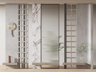 Modern Room Partition With Lattice Marble Texture Glass Design And Decorative Shelves Green Plants 3d model