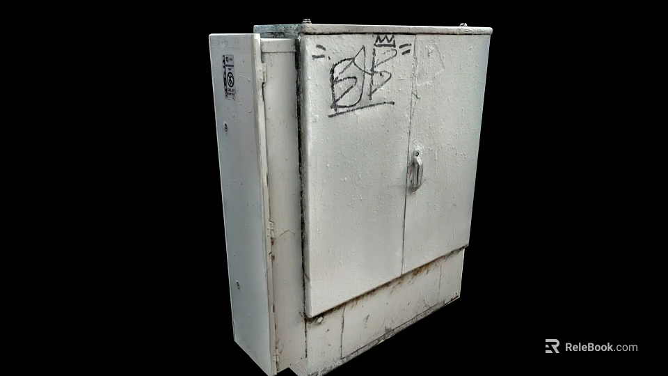Weathered White Metal Cabinet With BB Graffiti On Door And Rustic Exterior 3d model 