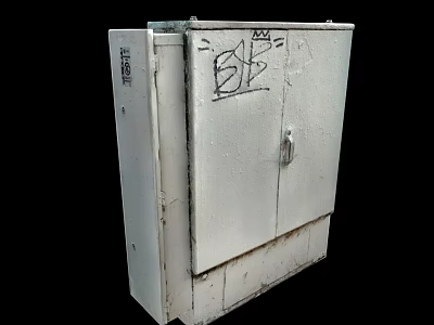 Weathered White Metal Cabinet With BB Graffiti On Door And Rustic Exterior 3d model