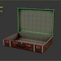 Vintage Leather Suitcase Open With Green Checkered Lining And Metal Fittings On Reflective Surface