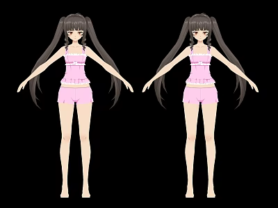 Anime Game Character Design With Twin Tails Long Hair Pink Outfit And Black Background 3d model